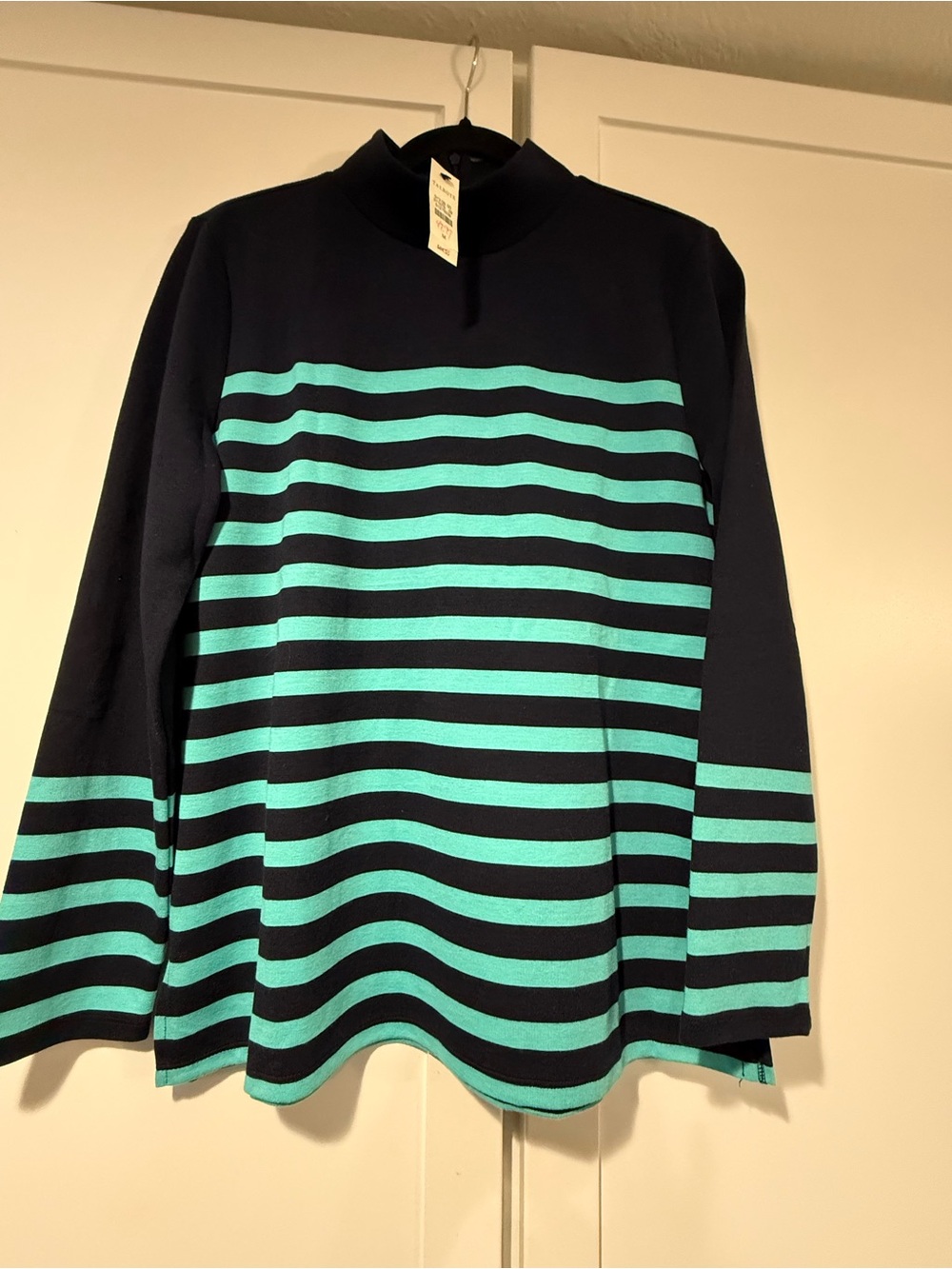 Talbots Striped Knit Mock Neck 1/4 Zip Pullover Sweater Navy Turquoise Women M